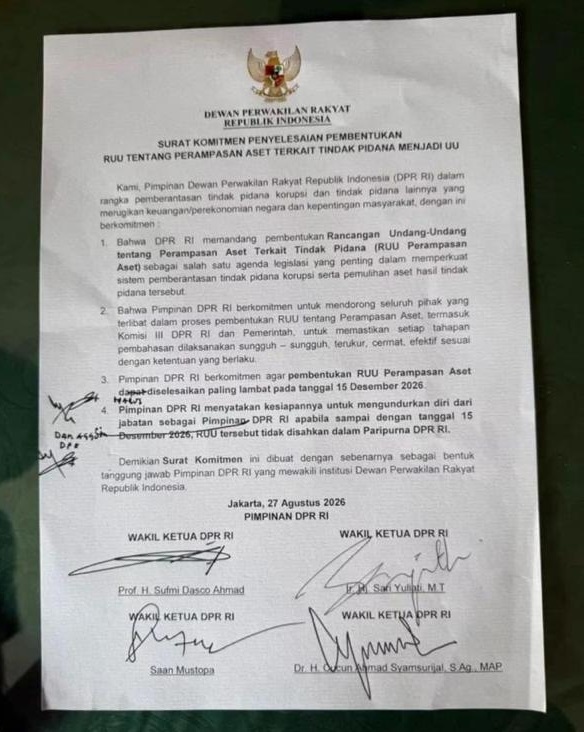 Ini 4 Poin Isi Komitmen Pimpinan DPR RI Terkait RUU Perampasan Aset, Ditandatangani Setelah Didesak Demo AMPB