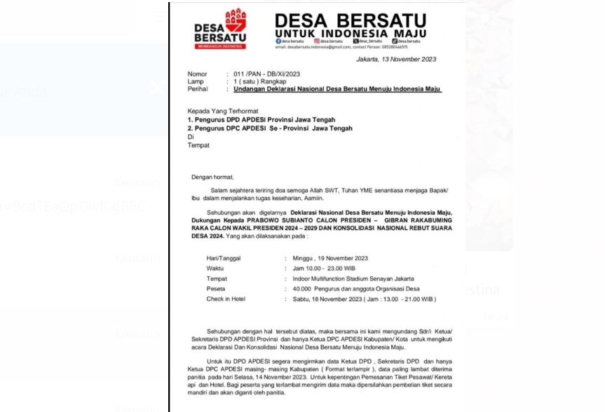 Surat Undangan Desa Bersatu Dukung Prabowo-Gibran Beredar Luas, Gerindra Membantah, Bawaslu Akan Panggil Panitia