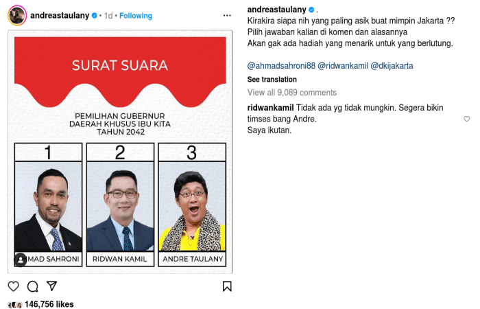 Andre Taulany Siap Bersaing dengan Ahmad Sahroni dan Ridwan Kamil di Pilgub Jakarta 2024, Begini Reaksi RK: Segera Bikin Timses Bang Andre!