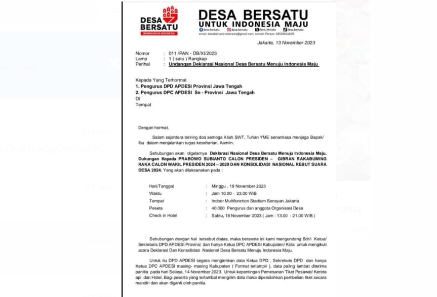 Surat Undangan Desa Bersatu Dukung Prabowo-Gibran Beredar Luas, Gerindra Membantah, Bawaslu Akan Panggil Panitia