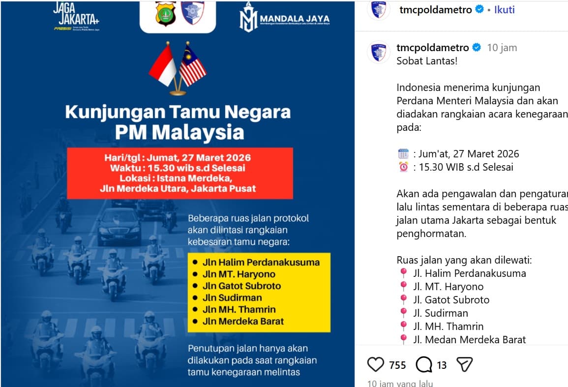Ada Kunjungan PM Malaysia ke Istana Merdeka Siang Ini, Polda Metro Jaya Tutup Sejumlah Ruas Jalan, Cek Daftarnya!