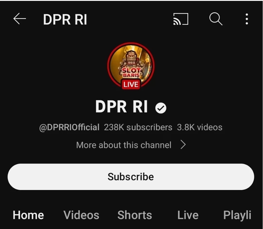 Kanal YouTube Resmi DPR RI Dihack, Menampilkan Tayangan Judi Online Langsung