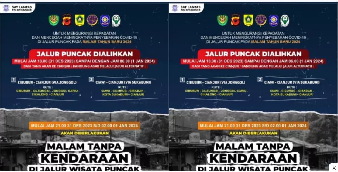 Ingat! Malam Tahun Baru Tanpa Kendaraan Bermotor di Puncak Bogor, Bagi Warga yang Hendak ke Cianjur atau Bandung Ini Jalur Alternatifnya