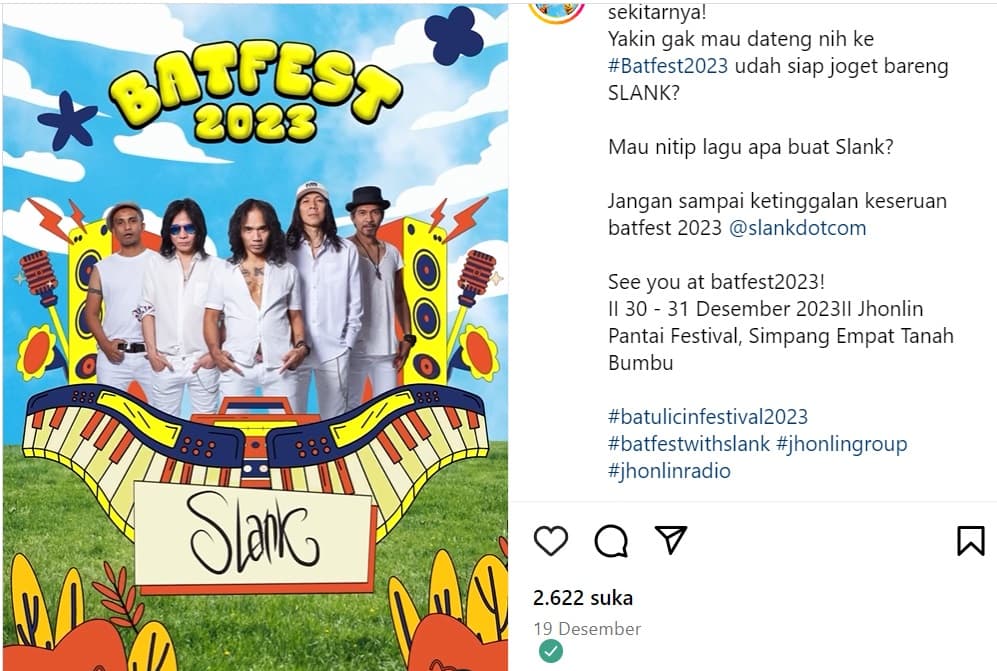 Halo Slankers! Malam Tahun Baru SLANK Bakal Manggung di BATFEST 2023, Cek Lokasinya di Sini