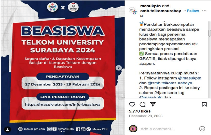 Kuliah Gratis di Universitas Telkom Surabaya, Daftar Pendaftaran Beasiswa 2024 Saja! Info Lengkap Di Sini