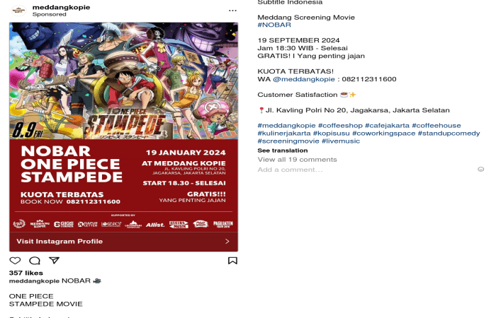 Nobar Gratis Film One Piece: Stampede di Meddang Kopie Jakarta Selatan Besok Malam, Tak Perlu Tiket Masuk yang Penting Jajan