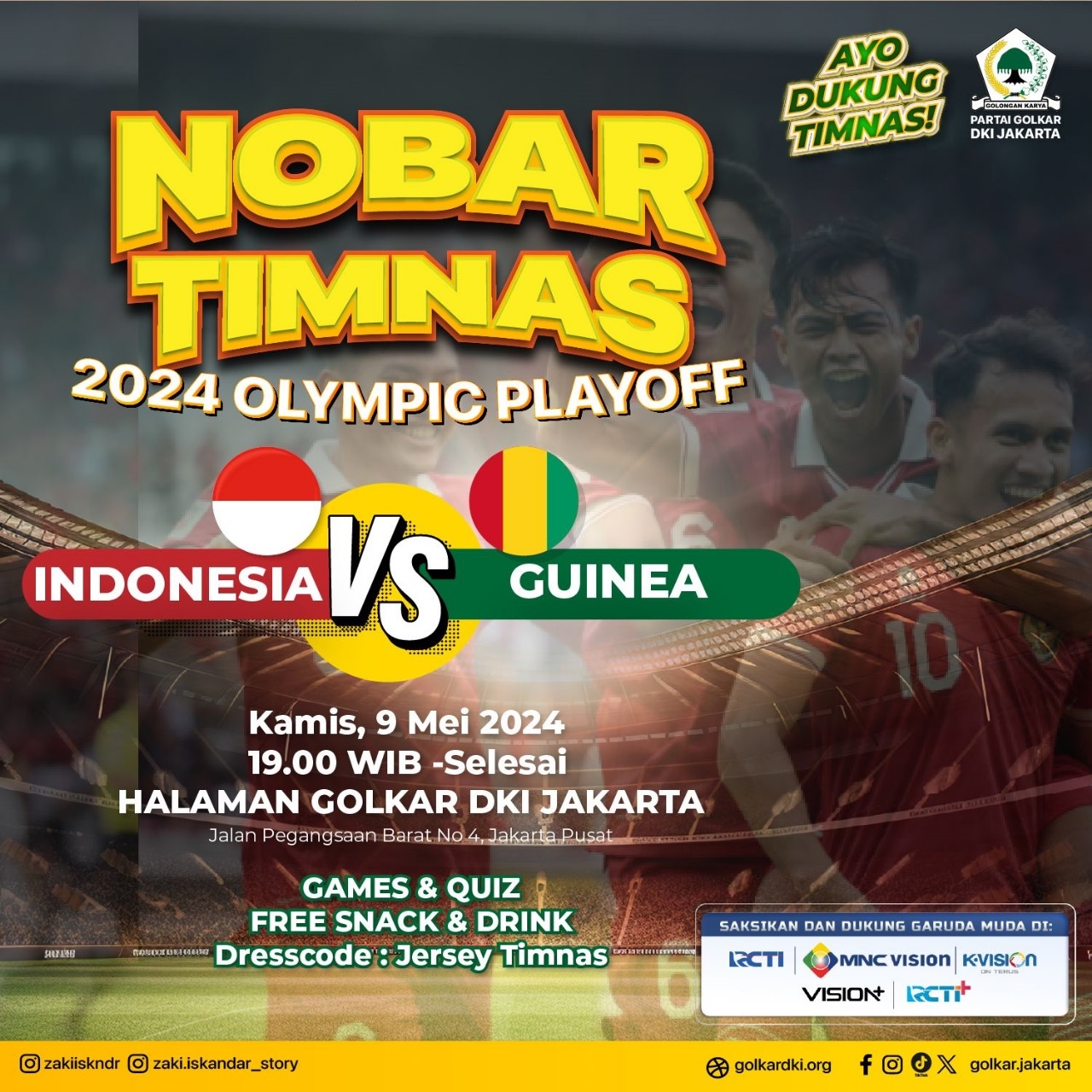 Gelar Nobar Gratis Indonesia Vs Guinea di Halaman Kantor Golkar Jakarta, Zaki Iskandar Optimis Garuda Muda Tembus Olimpiade Paris 2024