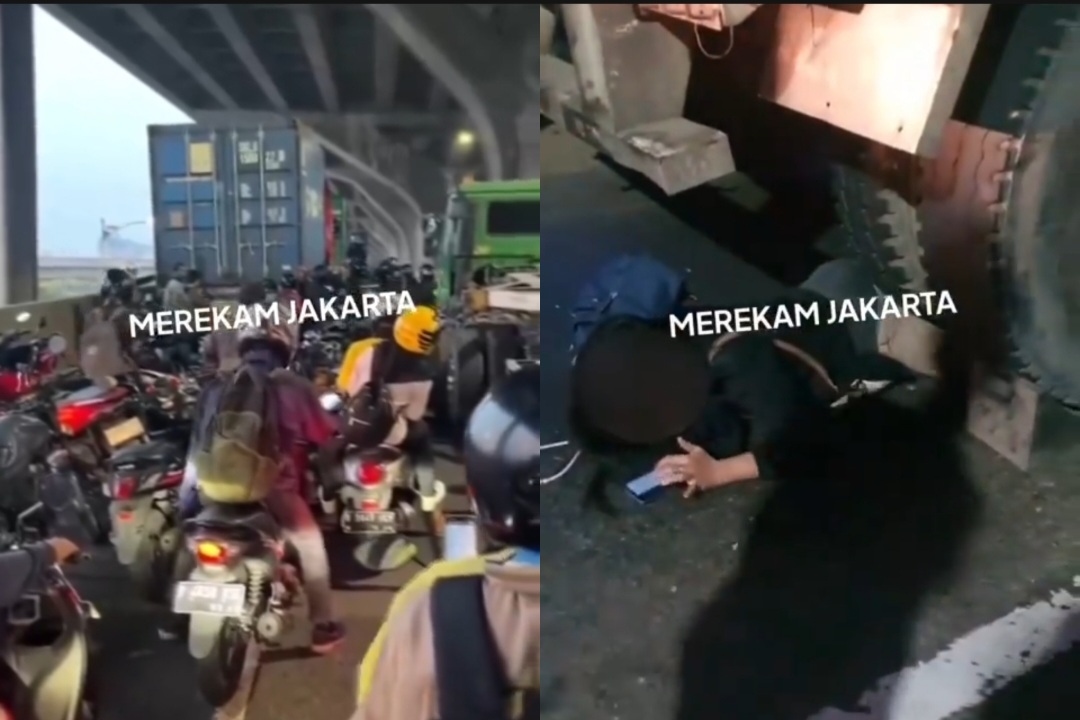 Seorang Pemotor Wanita Terjatuh Dikolong Truk Kontainer, Kaki dan Motor Terlindas