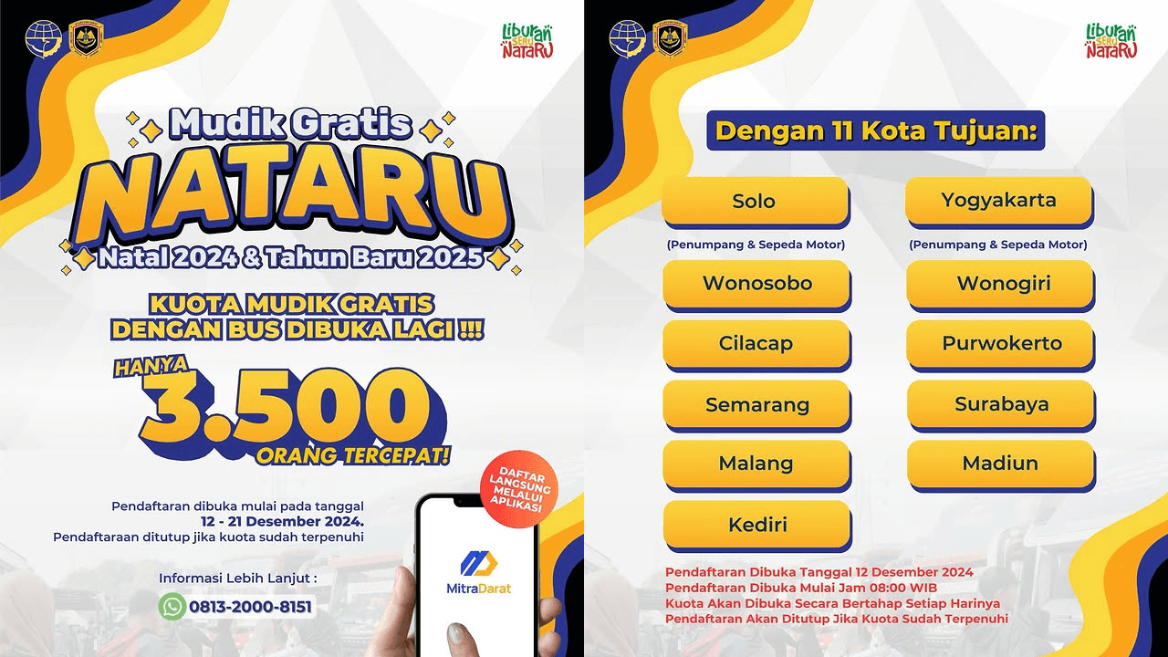 Kemenhub Gelar Mudik Gratis Nataru 2024/2025 dengan Bus, Berikut 11 Kota Tujuan, Jadwal Pemberangkatan dan Cara Daftarnya