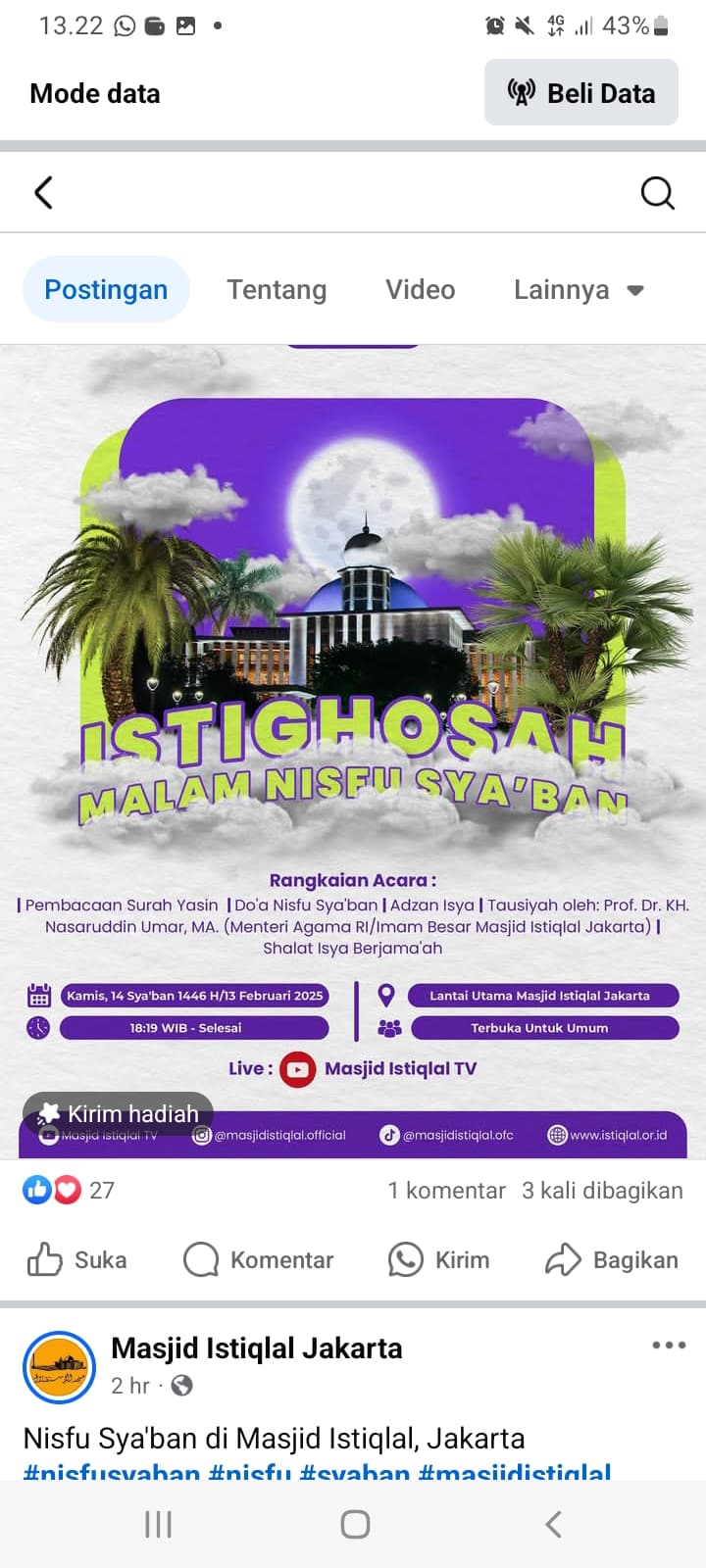 Daftar Kegiatan Malam Nisfu Sya’ban di Masjid Istiqlal
