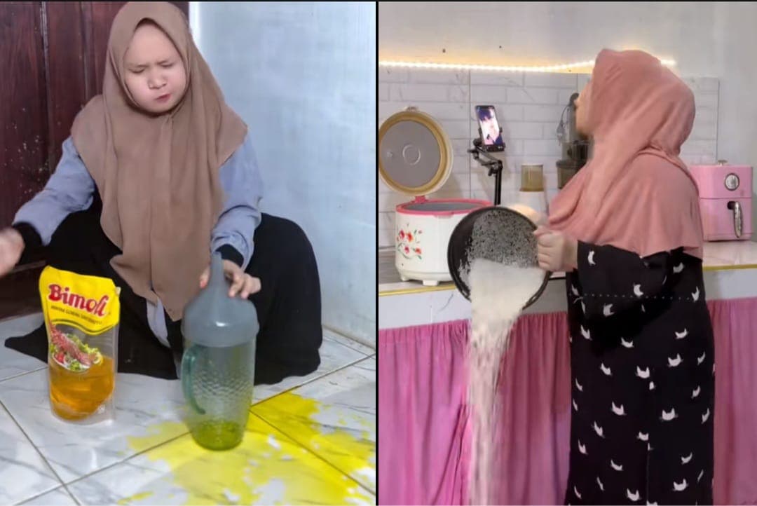 Viral Emak-emak FB Pro Rela Buang Minyak dan Beras Demi Konten