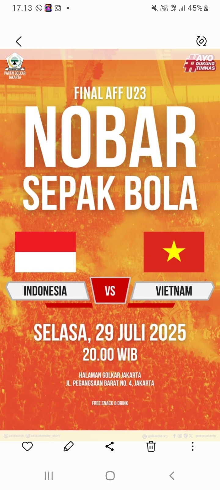 Besok Nobar Final Piala AFF U-23 Indonesia vs Vietnam di Kantor Golkar Jakarta, Gratis Snack dan Minuman