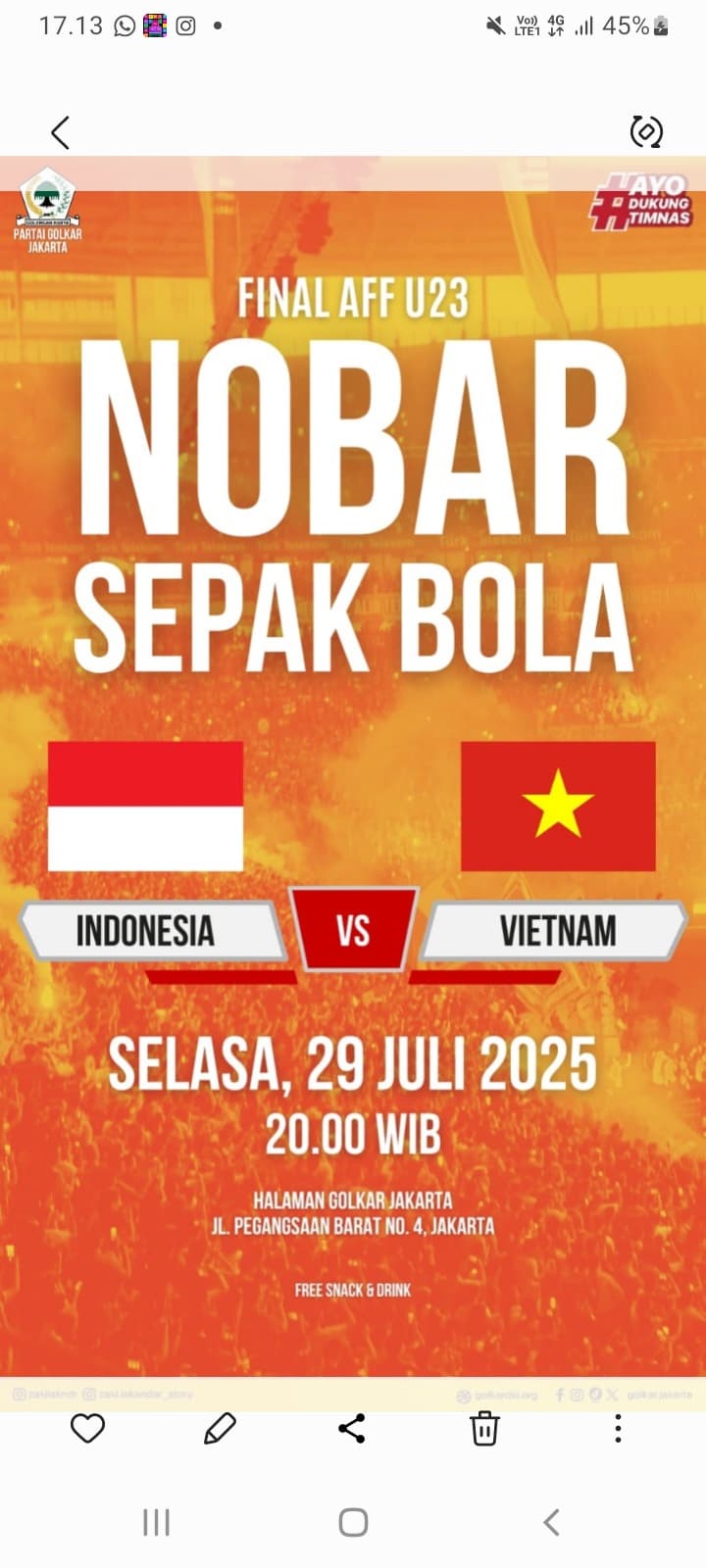Besok Nobar Final Piala AFF U-23 Indonesia vs Vietnam di Kantor Golkar Jakarta, Gratis Snack dan Minuman