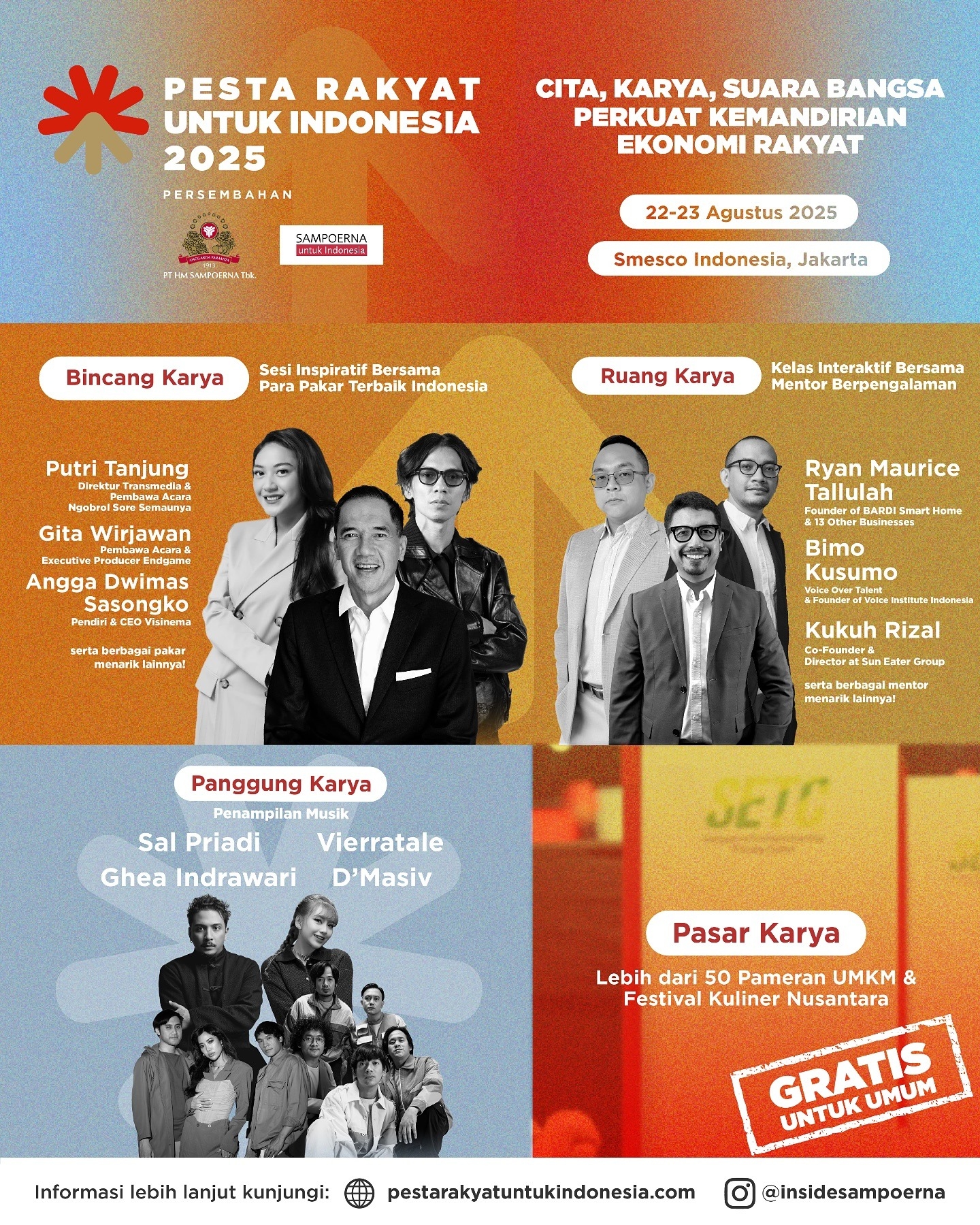 Jangan Lupa, Pesta Rakyat 2025 di Smesco: Malam Ini Ada Sal Priadi dan Vierratale, Besok Ghea Indrawari dan D’Masiv, Gratis!